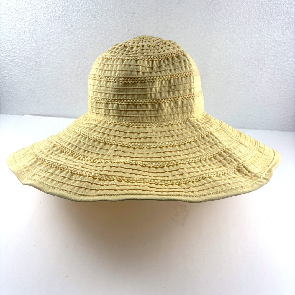 San Diego Hat Co Sun Hat Womens OS Yellow Wide Brim Ribbon Eyelet Lace Beach